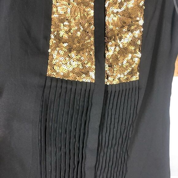 Edit BY JEANNE BEKER Black Gold Sequin Pleated Black Keyhole Sleeveless Blouse S - Picture 4 of 5